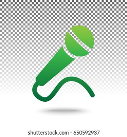 Microphone sign illustration. Vector. Green gradient icon with shadow at bottom on transparent and white background.