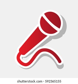 Microphone sign illustration. Vector. New year reddish icon with outside stroke and gray shadow on light gray background.