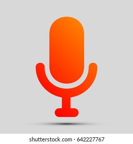 Microphone sign illustration. Vector. Orange, red-yellow icon with shadow on gray background.