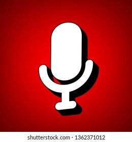 Microphone sign illustration. Vector. Perspective view of white icon with black outline at reddish background.