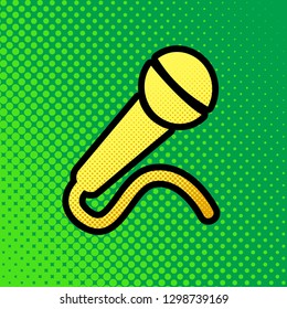 Microphone sign illustration. Vector. Pop art orange to yellow dots-gradient icon with black contour at greenish background.