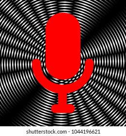 Microphone sign illustration. Vector. Red icon on white and black radial interference as background.