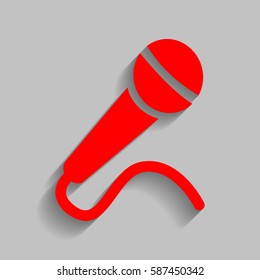 Microphone sign illustration. Vector. Red icon with soft shadow on gray background.