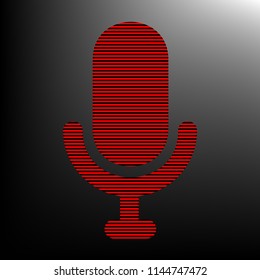 Microphone sign illustration. Vector. Striped red and black icon at gradient blackish background. Zebra.