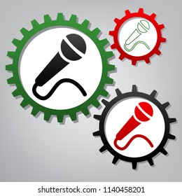 Microphone sign illustration. Vector. Three connected gears with icons at grayish background.