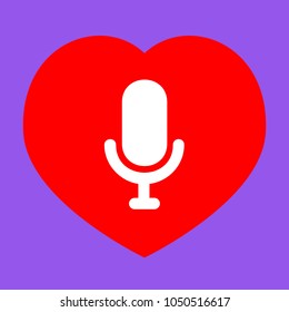 Microphone sign illustration. Vector. White icon in red heart at lavender background.