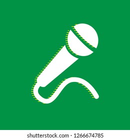 Microphone sign illustration. Vector. White flat icon with yellow striped shadow at green background.