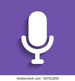 Microphone sign illustration. Vector. White icon with soft shadow on grape violet background.