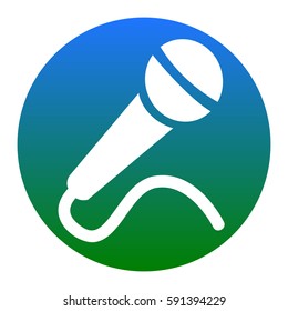 Microphone sign illustration. Vector. White icon in bluish circle on white background. Isolated.