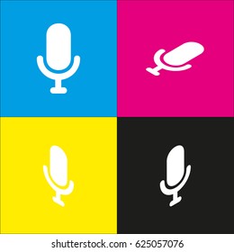 Microphone sign illustration. Vector. White icon with isometric projections on cyan, magenta, yellow and black backgrounds.