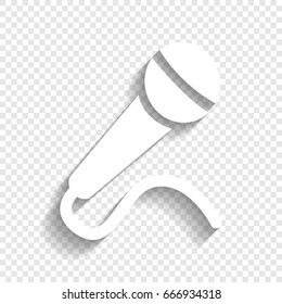 Microphone sign illustration. Vector. White icon with soft shadow on transparent background.