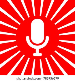 Microphone sign illustration. Vector. White icon on red sun with rays as background. Isolated.