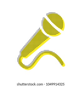 Microphone sign illustration. Vector. Yellow icon with square pattern duplicate at white background. Isolated.