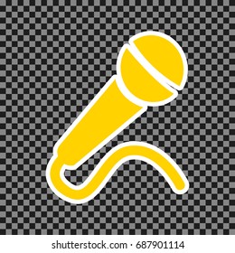 Microphone sign illustration. Vector. Yellow icon with white contour on dark transparent background.
