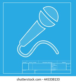 Microphone sign illustration. White section of icon on blueprint template.
