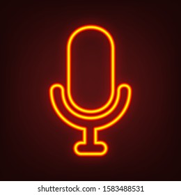 Microphone sign illustration. Yellow, orange, red neon icon at dark reddish background. Illumination. Illustration.