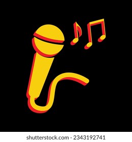 Microphone sign with music notes. 3D Extruded Yellow Icon with Red Sides a Black background. Illustration.