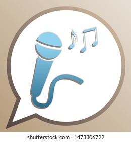 Microphone sign with music notes. Bright cerulean icon in white speech balloon at pale taupe background. Illustration.