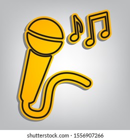 Microphone sign with music notes. Flat orange icon with overlapping linear black icon with gray shadow at whitish background. Illustration.
