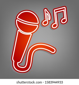 Microphone sign with music notes. Flat red icon with linear white icon with gray shadow at grayish background. Illustration.