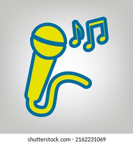 Microphone sign with music notes. Icon in colors of Ukraine flag (yellow, blue) at gray Background. Illustration.