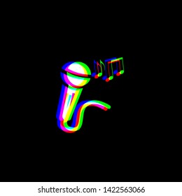 Microphone sign with music notes. Red, green and blue unfocused contour icon at black background. Illustration.