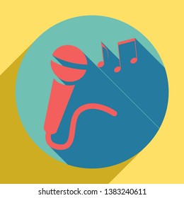 Microphone sign with music notes. Sunset orange icon with llapis lazuli shadow inside medium aquamarine circle with different goldenrod shadow at royal yellow background.