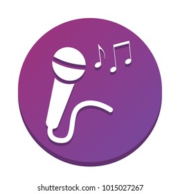 Microphone sign with music notes. Vector. White icon with flat shadow on purpureus circle at white background. Isolated.