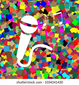 Microphone sign with music notes. Vector. White icon on colorful background with seamless pattern from squares.