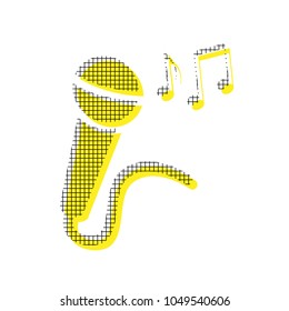 Microphone sign with music notes. Vector. Yellow icon with square pattern duplicate at white background. Isolated.
