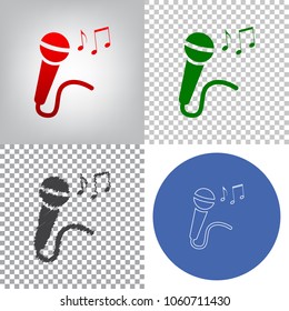 Microphone sign with music notes. Vector. 4 styles. Red gradient in radial lighted background, green flat and gray scribble icons on transparent and linear one in blue circle.