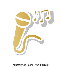 Microphone sign with music notes. Vector. Golden gradient icon with white contour and rotated gray shadow at white background.