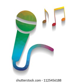 Microphone sign with music notes. Vector. Colorful icon with bright texture of mosaic with soft shadow on white background. Isolated.