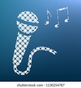 Microphone sign with music notes. Vector. White textured icon at lapis lazuli gradient background.