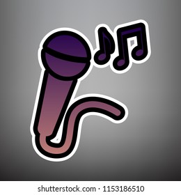 Microphone sign with music notes. Vector. Violet gradient icon with black and white linear edges at gray background.