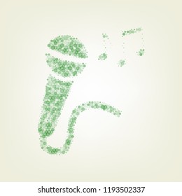 Microphone sign with music notes. Vector. Green hexagon rastered icon and noised opacity and size at light green background with central light.