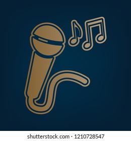 Microphone sign with music notes. Vector. Golden icon and border at dark cyan background.