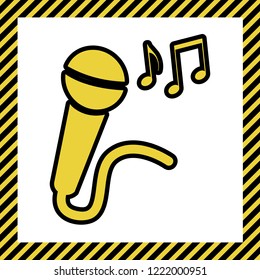 Microphone sign with music notes. Vector. Warm yellow icon with black contour in frame named as under construction at white background. Isolated.