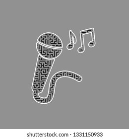 Microphone sign with music notes. Vector. Black maze filled icon with white border at gray background.