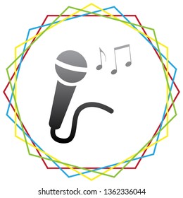 Microphone sign with music notes. Vector. Black icon with patch of light inside colorful hexagonal frames at white background.