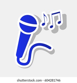 Microphone sign with music notes. Vector. New year bluish icon with outside stroke and gray shadow on light gray background.