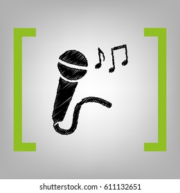 Microphone sign with music notes. Vector. Black scribble icon in citron brackets on grayish background.