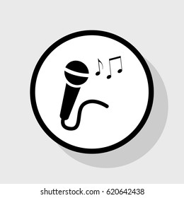 Microphone sign with music notes. Vector. Flat black icon in white circle with shadow at gray background.