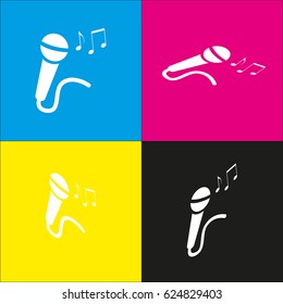 Microphone sign with music notes. Vector. White icon with isometric projections on cyan, magenta, yellow and black backgrounds.