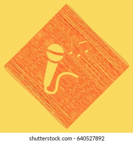 Microphone sign with music notes. Vector. Red scribble icon obtained as a result of subtraction rhomb and path. Royal yellow background.