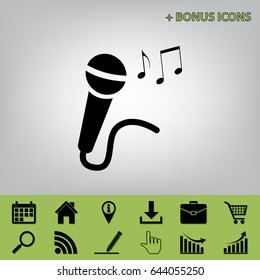 Microphone sign with music notes. Vector. Black icon at gray background with bonus icons