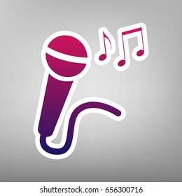Microphone sign with music notes. Vector. Purple gradient icon on white paper at gray background.