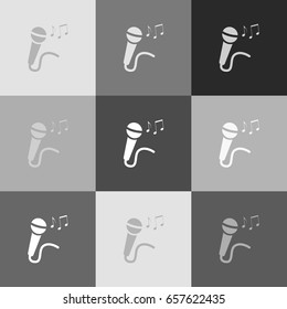 Microphone sign with music notes. Vector. Grayscale version of Popart-style icon.