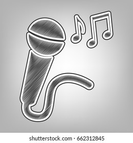 Microphone sign with music notes. Vector. Pencil sketch imitation. Dark gray scribble icon with dark gray outer contour at gray background.