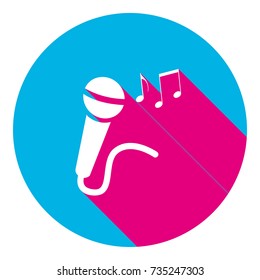 Microphone sign with music notes. Vector. Flat white icon with mexican pink shadow inside sky blue(S and G) circle at white background. Isolated. Trend colors in 2017.